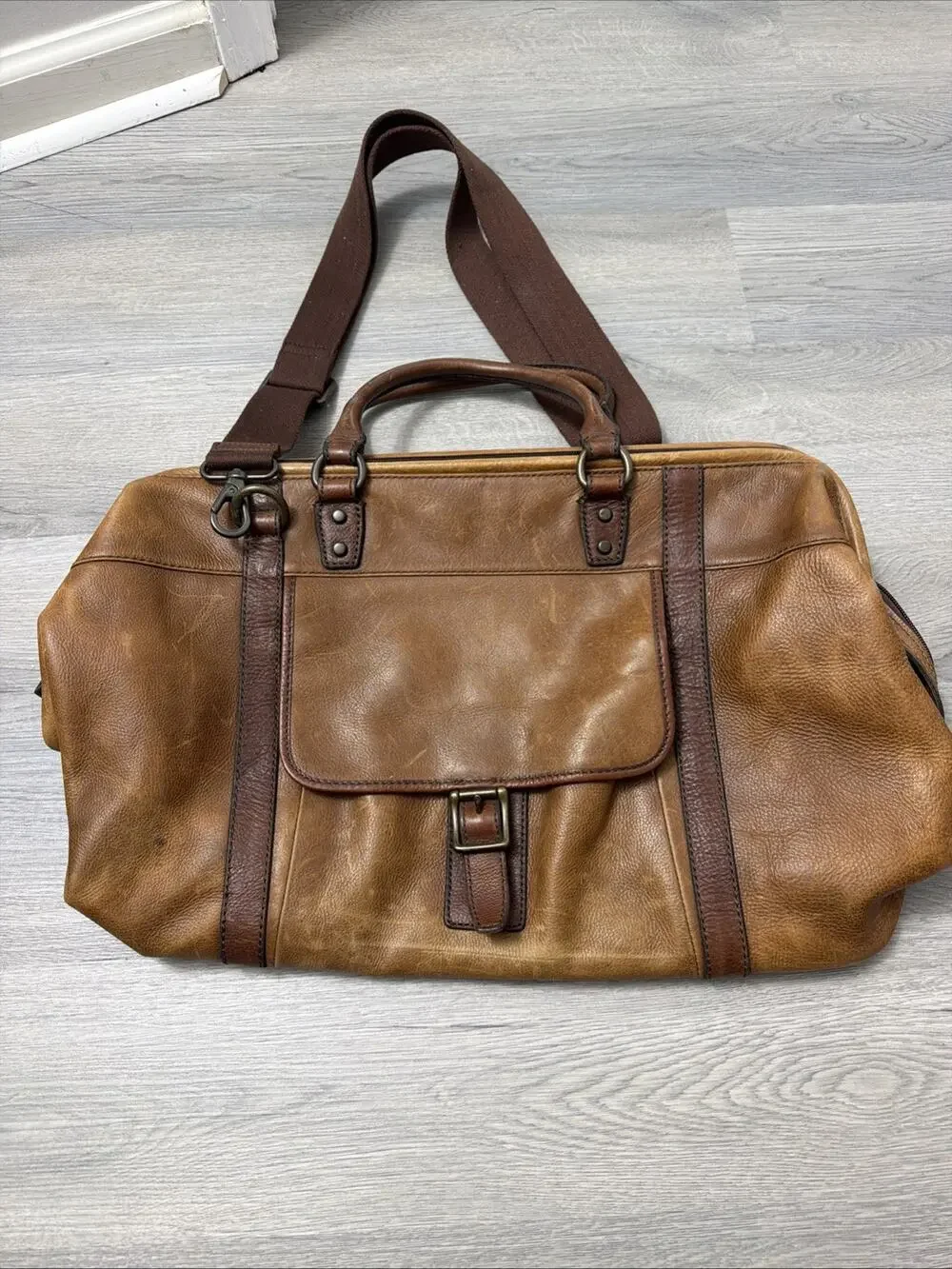 Fossil Cognac Brown Leather Weekender Duffel Bag Travel Luggage Overnight